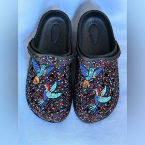 Black Jeweled Clog Slides with Colorful Hummingbird Embroidery
